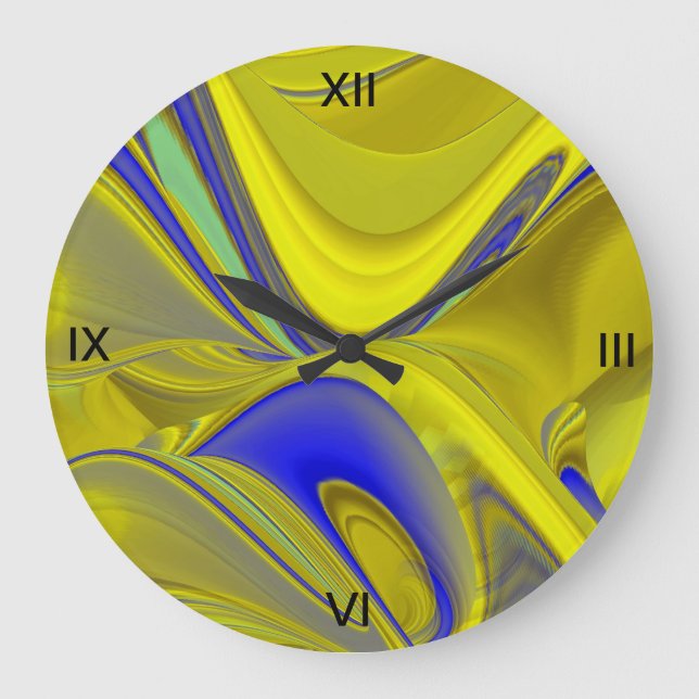 Reloj Redondo Grande Resumen 3D del azul amarillo dorado (Anverso)