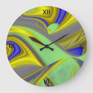 Reloj Redondo Grande Resumen 3D del azul amarillo dorado