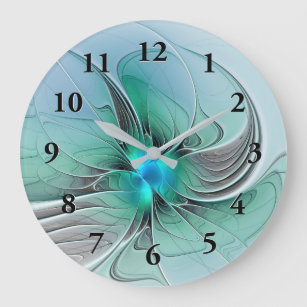 Reloj Redondo Grande Resumen Con Arte Fractal Azul Y Moderno