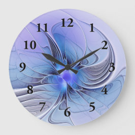 Reloj Redondo Grande Resumen de arte fractal moderno Lavanda azul