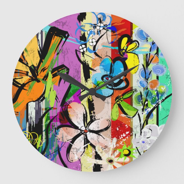 Reloj Redondo Grande Resumen De Flores, Composición De Líneas Geométric (Anverso)