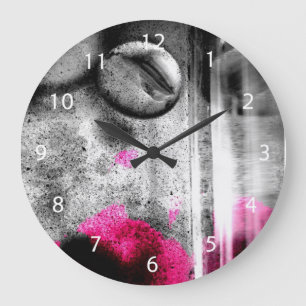 Reloj Redondo Grande Resumen de Fuchsia, Gris y Black Grain Photo Art