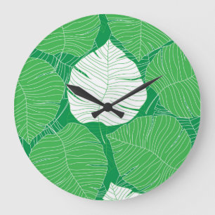 Reloj Redondo Grande Resumen de hoja tropical, pintura artística.