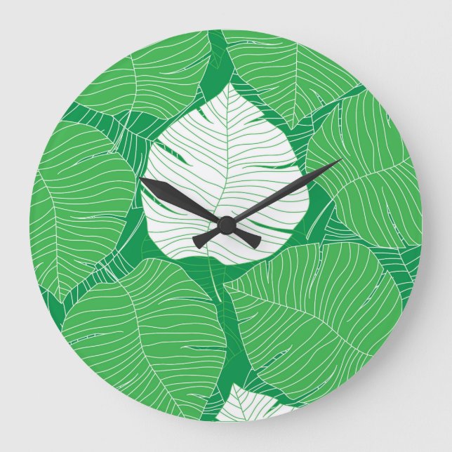 Reloj Redondo Grande Resumen de hoja tropical, pintura artística. (Anverso)