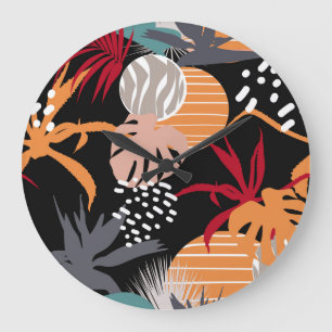 Reloj Redondo Grande Resumen de hojas florales, tropicales, dibujo sin 