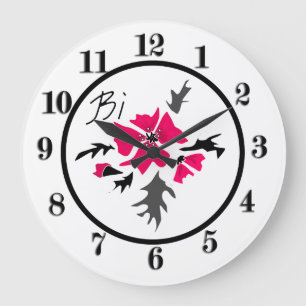 Reloj Redondo Grande Resumen de hojas grises de flores rosadas modernas