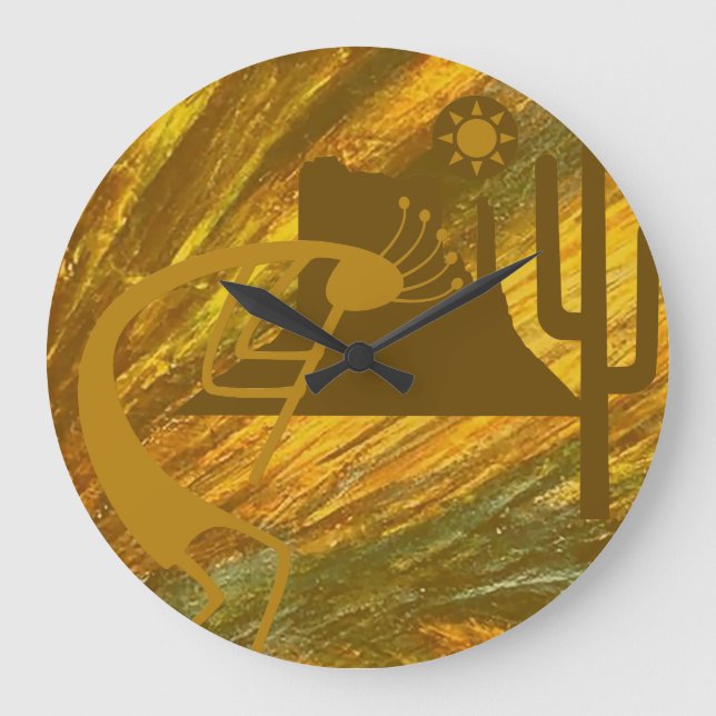 Reloj Redondo Grande Resumen de Kokopelli con Mesa, Cactus y Sol (Anverso)