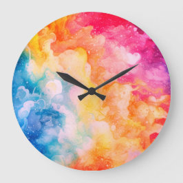 Reloj Redondo Grande Resumen de la acuarela de nubes de arcoiris pintad