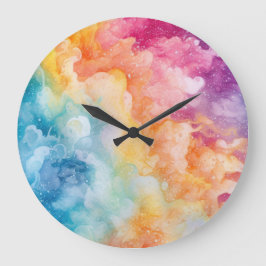 Reloj Redondo Grande Resumen de la acuarela de nubes de arcoiris pintad