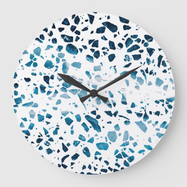 Reloj Redondo Grande Resumen de la Marina Mosaica Terrazzo y patrón azu (Anverso)
