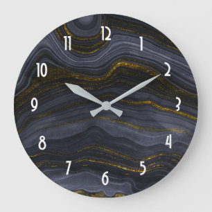 Reloj Redondo Grande Resumen de la Piedra de Agate de Oro y Negro Moder