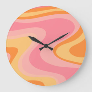 Reloj Redondo Grande Resumen de la visión retro Swirl 60s 70s Rosa y N