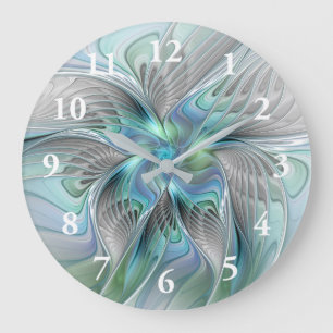 Reloj Redondo Grande Resumen de mariposa azul verde azul Fantasía arte 