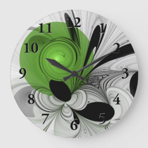 Reloj Redondo Grande Resumen en blanco y negro con arte fractal verde