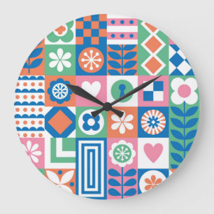 Reloj Redondo Grande Resumen Floral: Diseño Folclórico Escandinavo.