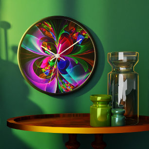 Reloj Redondo Grande Resumen floral moderno Patrón azul rojo del arte #