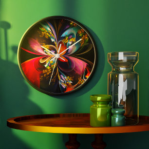 Reloj Redondo Grande Resumen floral moderno Patrón azul rojo del arte #