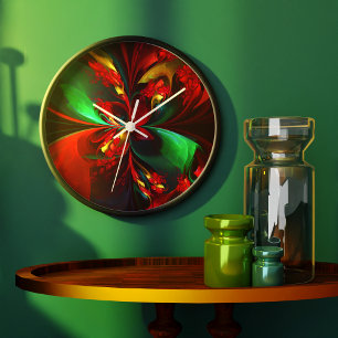 Reloj Redondo Grande Resumen floral moderno Patrón verde rojo del arte 