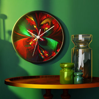 Reloj Redondo Grande Resumen floral moderno Patrón verde rojo del arte