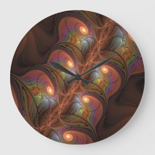 Reloj Redondo Grande Resumen fluorescente colorido Trippy Brown Fractal