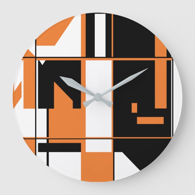 Reloj Redondo Grande Resumen geométrico de color blanco negro Naranja d (Anverso)
