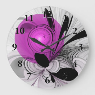 Reloj Redondo Grande Resumen Gris Negro Con Arte Fractal Magenta