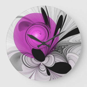 Reloj Redondo Grande Resumen Gris Negro Con Arte Fractal Magenta