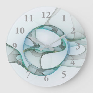 Reloj Redondo Grande Resumen moderno Arte fractal azul turquesa gris