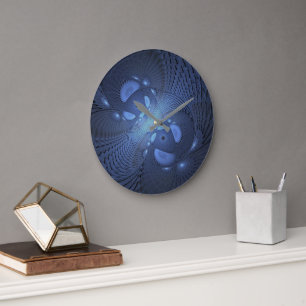 Reloj Redondo Grande Resumen moderno Arte Fractal Dusk Azul trendy