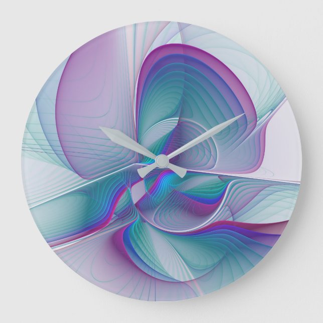 Reloj Redondo Grande Resumen moderno Arte fractal rosa azul turquesa ro (Anverso)