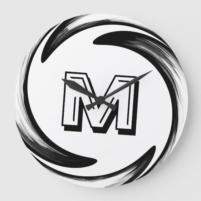 Reloj Redondo Grande Resumen Monograma de Black Swirl #2 (Anverso)