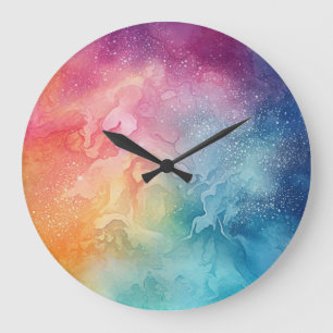 Reloj Redondo Grande Resumen Nubes de arcoiris acuarela Arte líquido