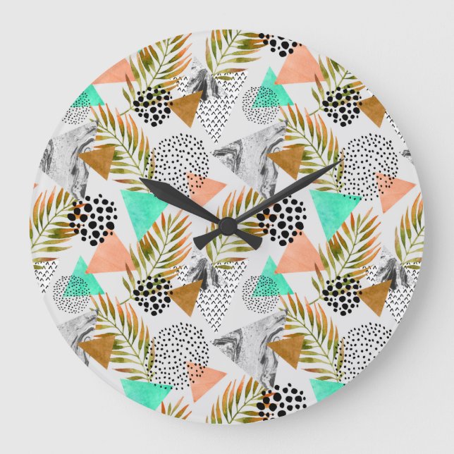 Reloj Redondo Grande Resumen Patrón de hoja tropical geométrica (Anverso)