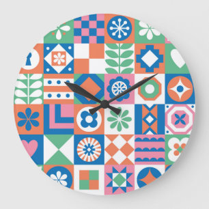 Reloj Redondo Grande Resumen Patrón folclórico escandinavo floral