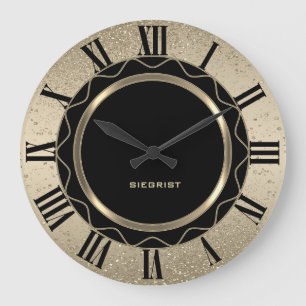 Reloj Redondo Grande Resumen Purpurina negro y oro