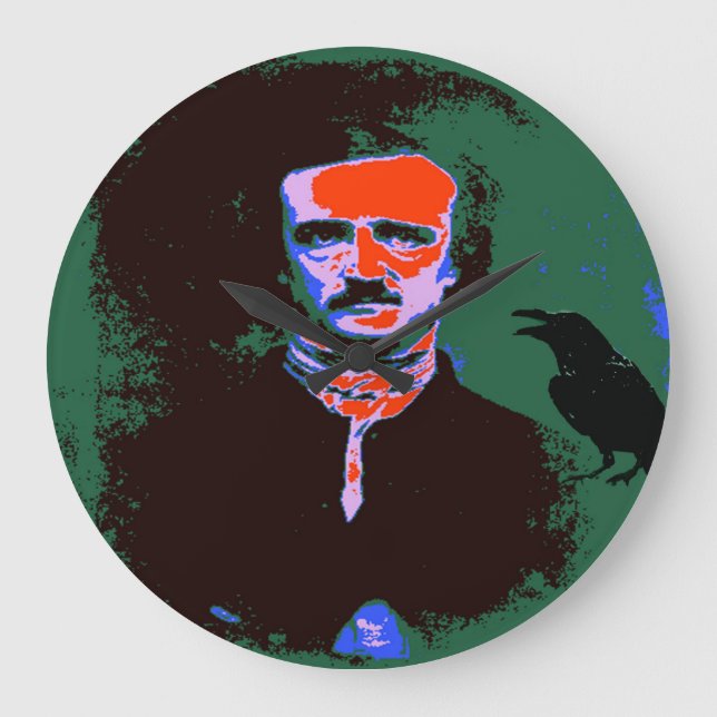 Reloj Redondo Grande Retrato de arte pop de Edgar Allan Poe (Anverso)