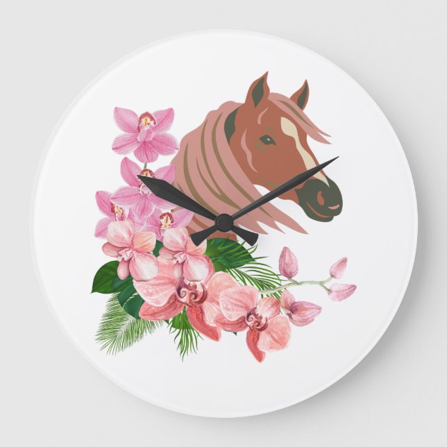 Reloj Redondo Grande Retrato de caballo con flores de orquídea (Anverso)