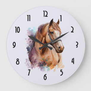 Reloj Redondo Grande Retrato de cabeza de caballo marrón en acuarela