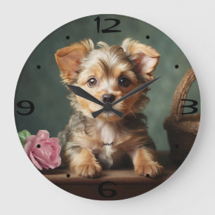 Reloj Redondo Grande Retrato de cachorro fofo vintage de Yorkshire Terr