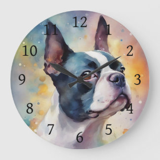 Reloj Redondo Grande Retrato de color de agua digital de Boston Terrier