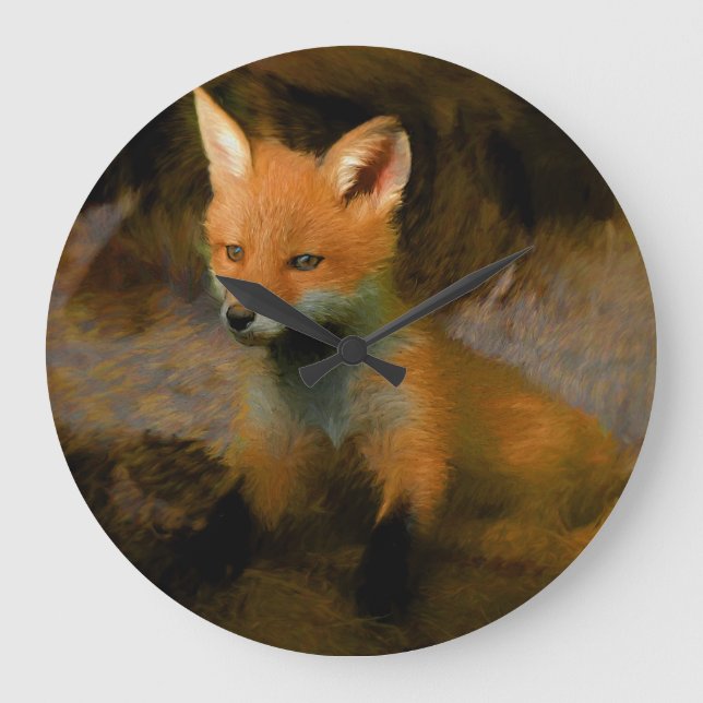 Reloj Redondo Grande Retrato de Little Baby Fox Cub (Anverso)