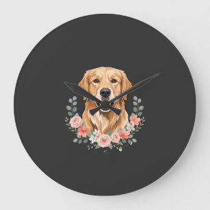Reloj Redondo Grande Retrato de perro Golden Retriever floral sublimaci