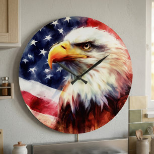 Reloj Redondo Grande Retrato majestuoso de águila calva con bandera ame