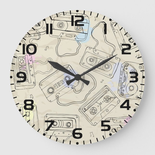 Reloj Redondo Grande Retro 80s 90s Nostalgic Cassette Mix Tape Pattern (Anverso)