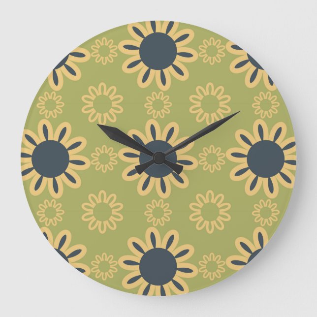 Reloj Redondo Grande Retro Abstract Black and Yellow Flowers Pattern (Anverso)