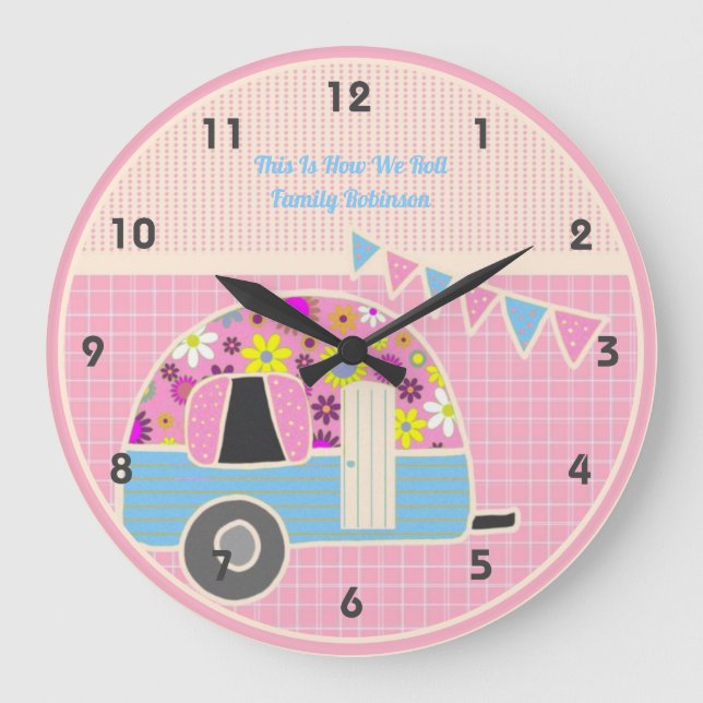 Reloj Redondo Grande Retro Campervan Blue Hipster Shabby Chic (Anverso)