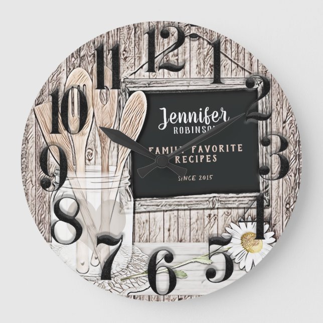 Reloj Redondo Grande Retro Chalkboard, Mason Jar y Daisy (Anverso)