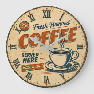 Reloj Redondo Grande Retro Coffee Diner  Fresh Brewed Vintage Kitchen 