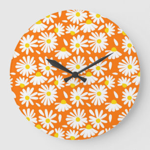 Reloj Redondo Grande Retro daisy floral: cosecha naranja.