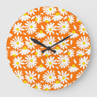 Reloj Redondo Grande Retro daisy floral: cosecha naranja.